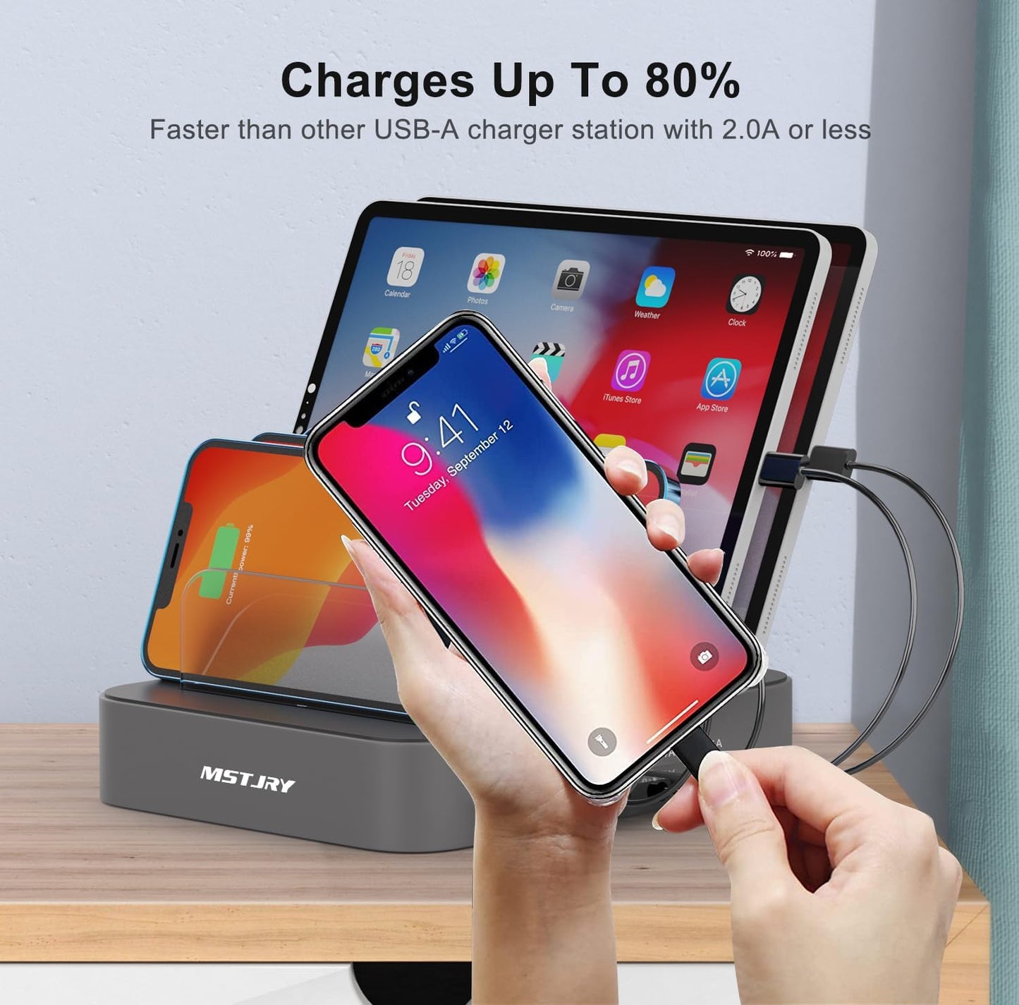 Charging Station for Multiple Devices, 5 Port Multi USB-A Charger Station with Power Switch Designed for Iphone Ipad Cell Phone Tablets (Gray, 7 Mixed Short Cables Included)