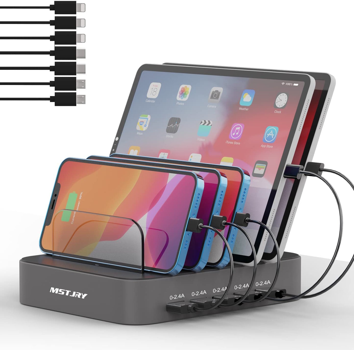 Charging Station for Multiple Devices, 5 Port Multi USB-A Charger Station with Power Switch Designed for Iphone Ipad Cell Phone Tablets (Gray, 7 Mixed Short Cables Included)