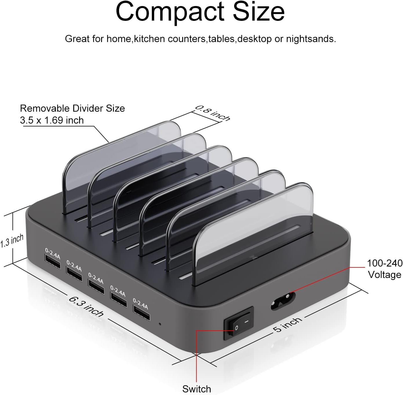 Charging Station for Multiple Devices, 5 Port Multi USB-A Charger Station with Power Switch Designed for Iphone Ipad Cell Phone Tablets (Gray, 7 Mixed Short Cables Included)