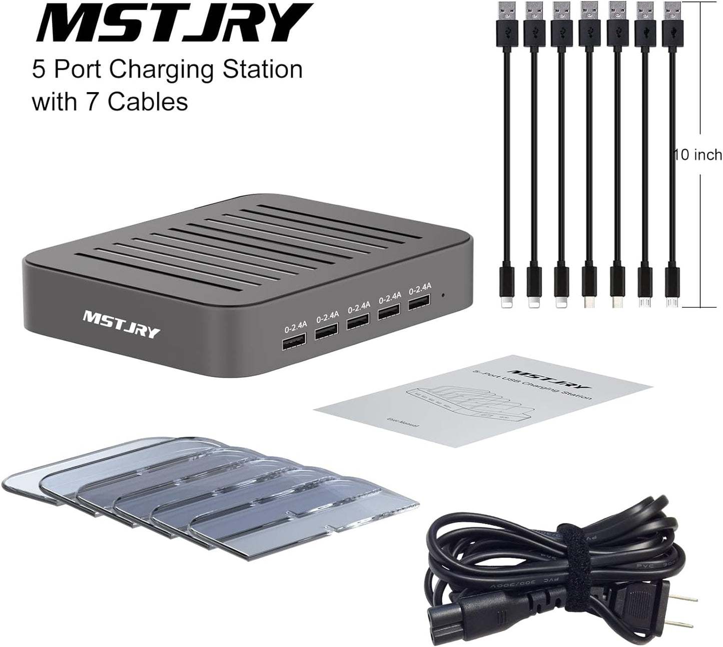 Charging Station for Multiple Devices, 5 Port Multi USB-A Charger Station with Power Switch Designed for Iphone Ipad Cell Phone Tablets (Gray, 7 Mixed Short Cables Included)