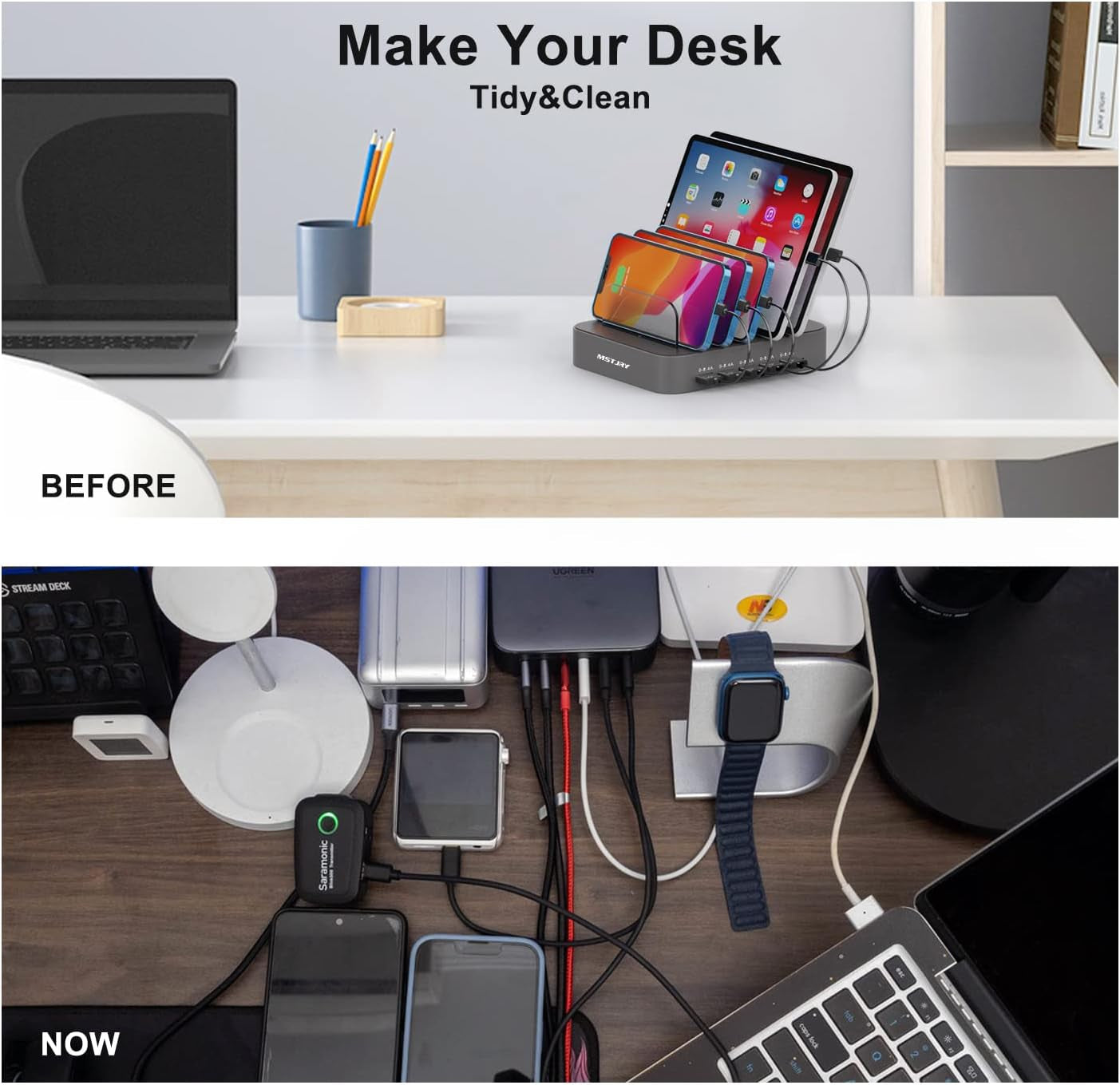 Charging Station for Multiple Devices, 5 Port Multi USB-A Charger Station with Power Switch Designed for Iphone Ipad Cell Phone Tablets (Gray, 7 Mixed Short Cables Included)